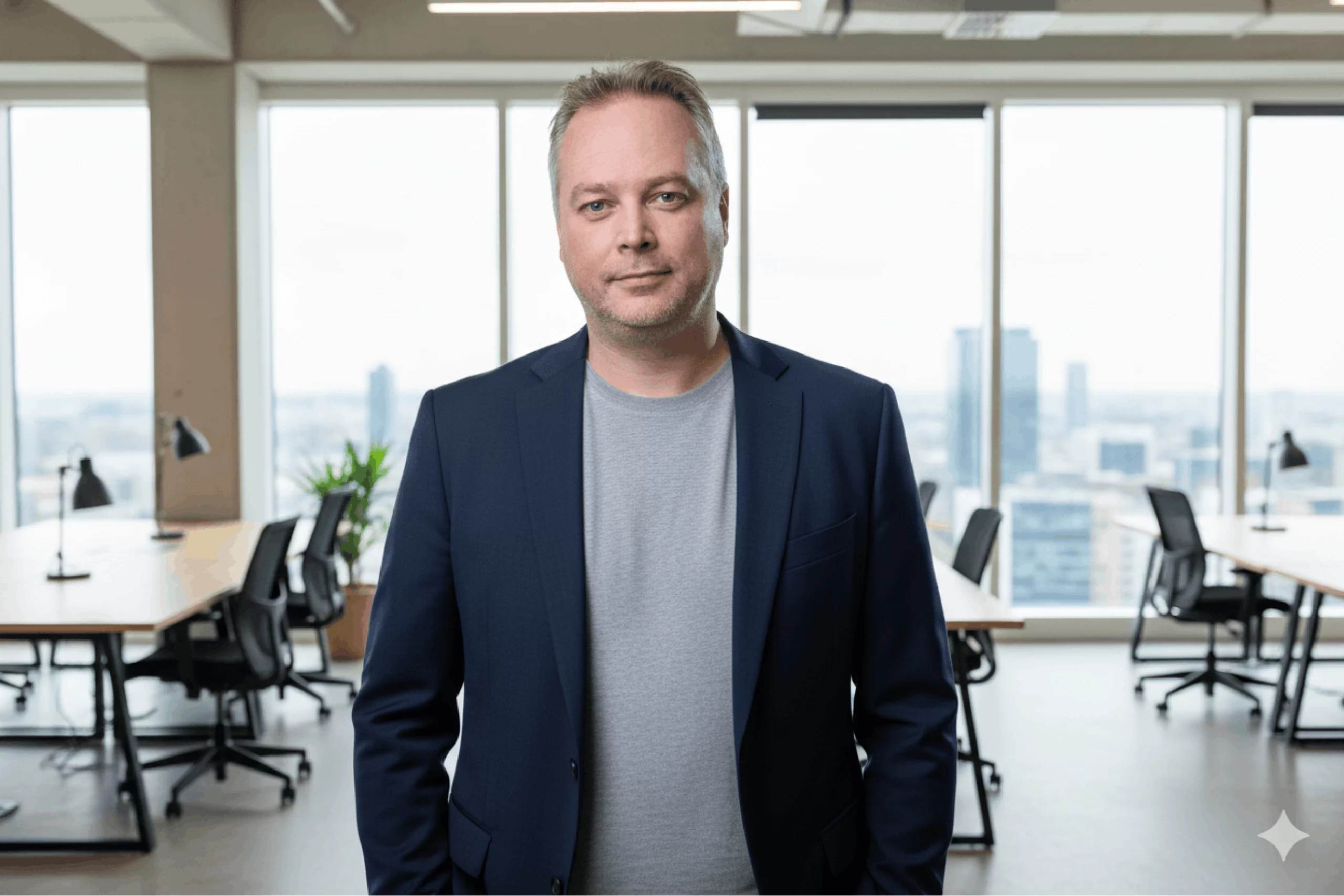 Maarten Lemmers in a modern office setting with a city view.